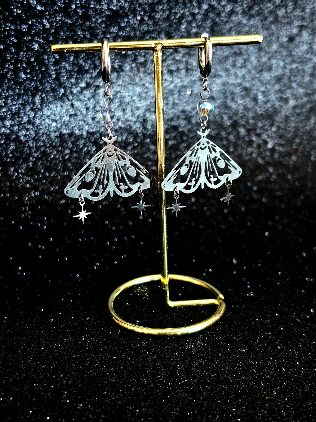 Pendientes Polilla Lunar | Acero Inoxidable con Cristales