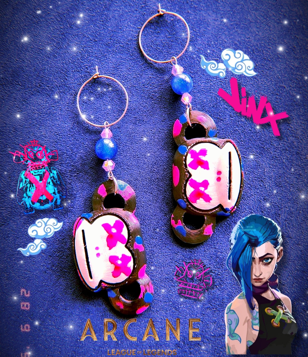 Pendientes Jinx Arcane – Acero Inoxidable y 3D Pintado a Mano | WitchBelyArt